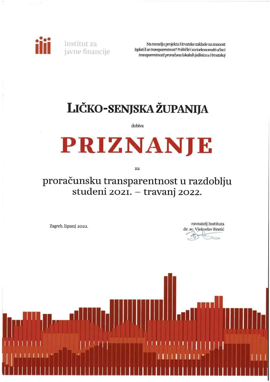 Ličko-senjska županija dobila priznanje za transparentnost proračuna