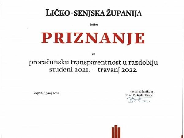 Ličko-senjska županija dobila priznanje za transparentnost proračuna