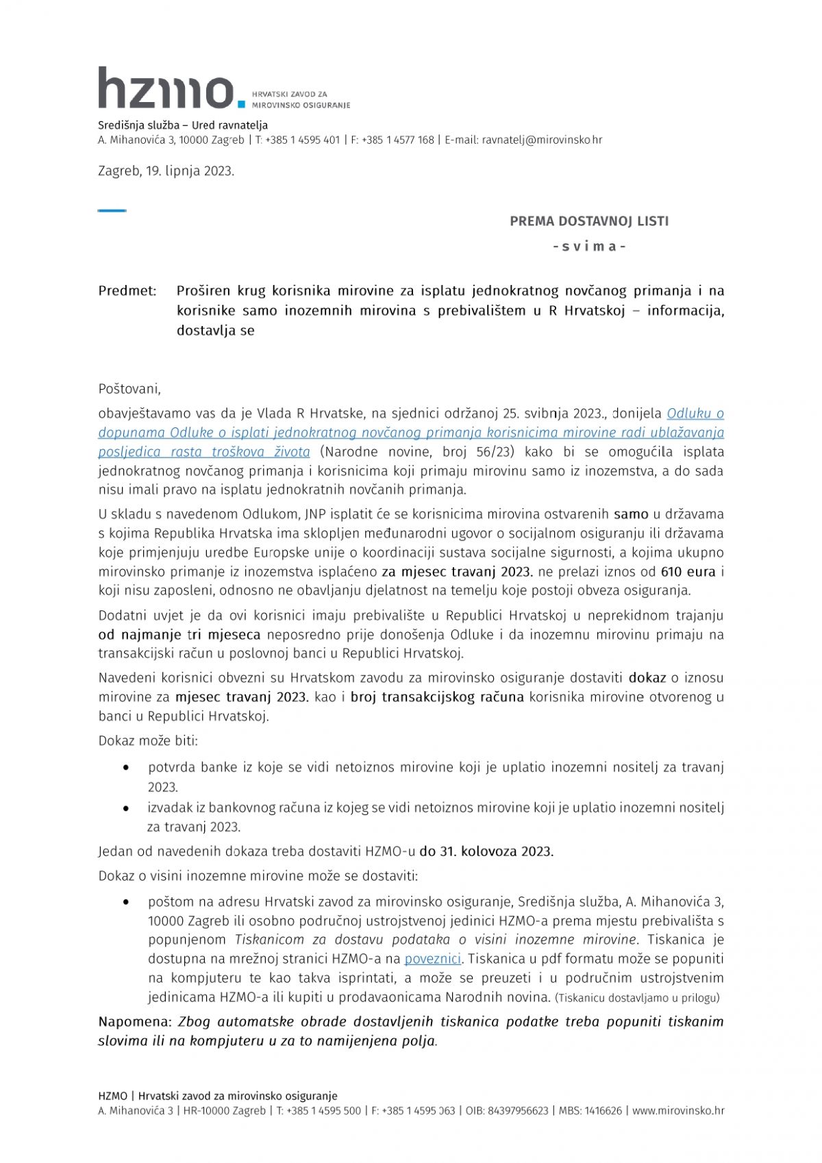 Jednokratno novčano primanje radi ublažavanja posljedica rasta troškova života za korisnike samo inozemnih mirovina s prebivalištem u RH