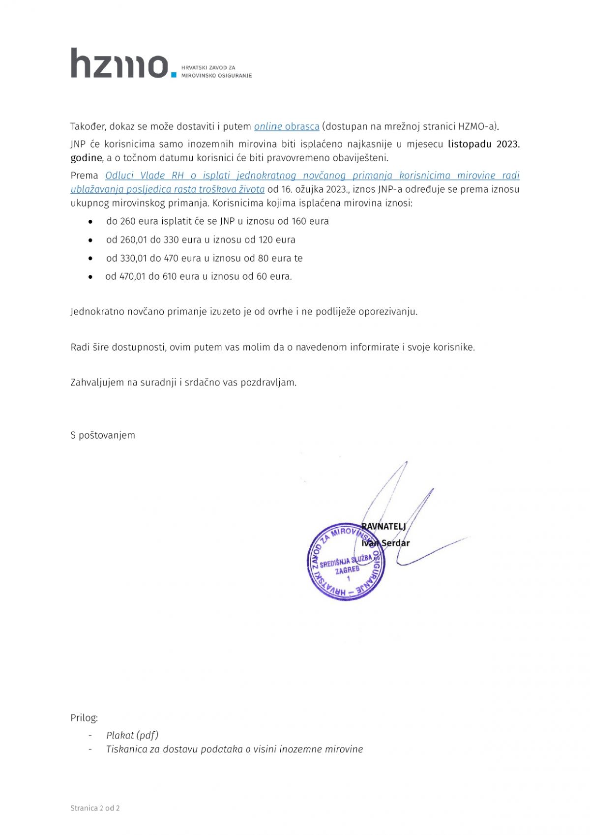 Jednokratno novčano primanje radi ublažavanja posljedica rasta troškova života za korisnike samo inozemnih mirovina s prebivalištem u RH