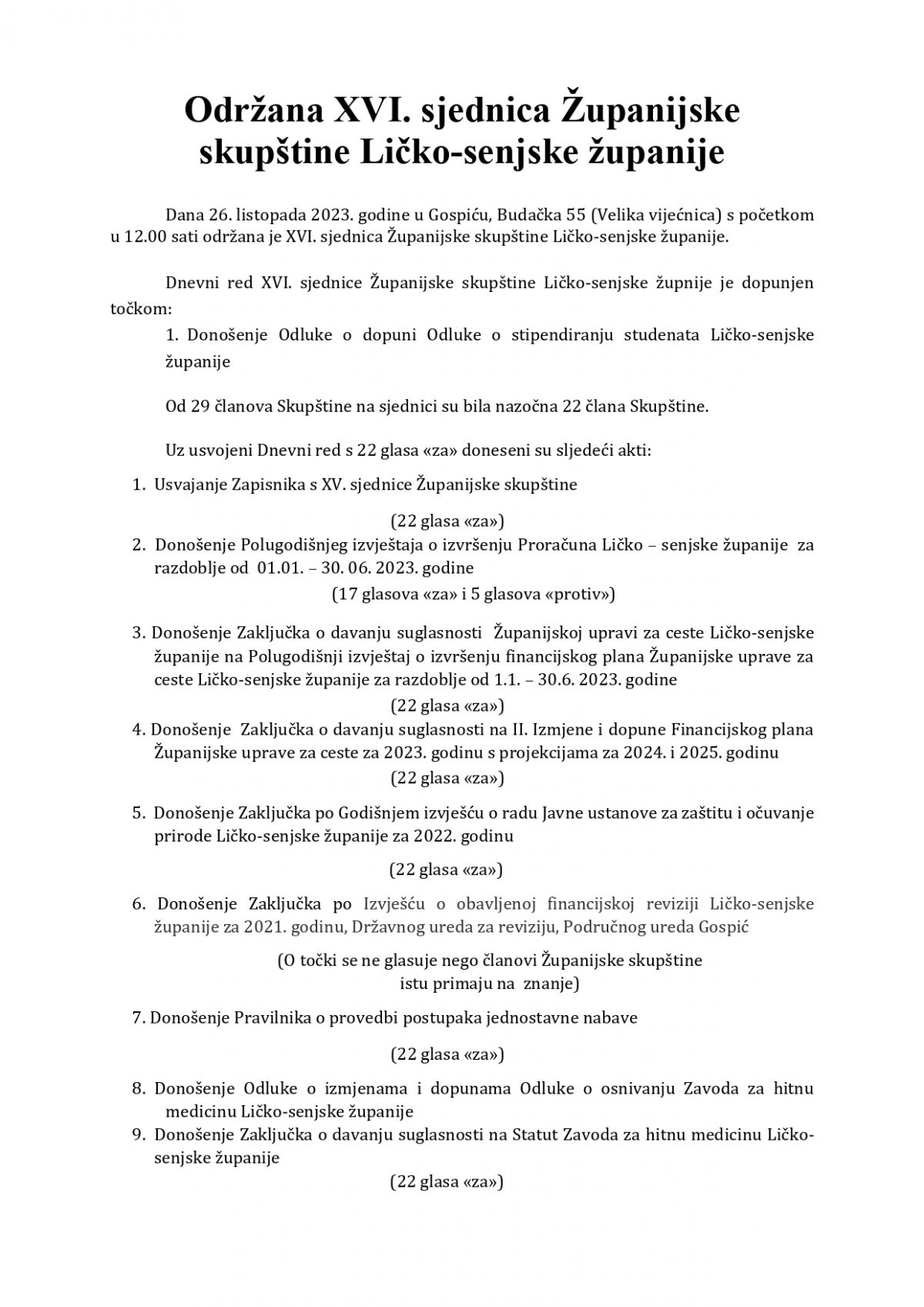 OBAVIJEST O ODRŽANOJ XVI. SJEDNICI ŽUPANIJSKE SKUPŠTINE 26. LISTOPADA 2023. GODINE