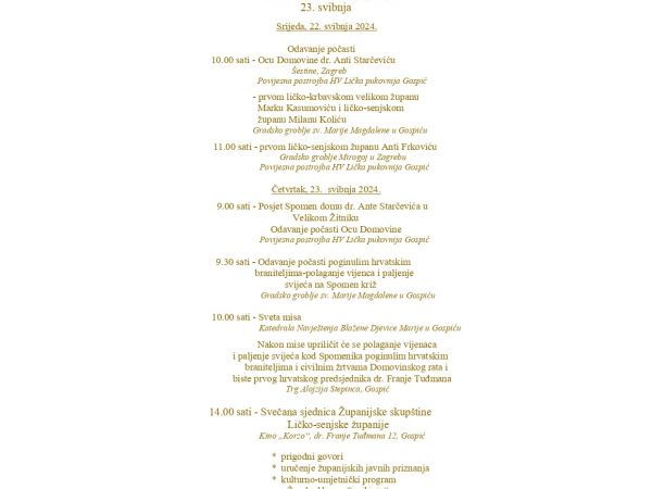 Program obilježavanja Dana Ličko-senjske županije 22. i 23. svibnja