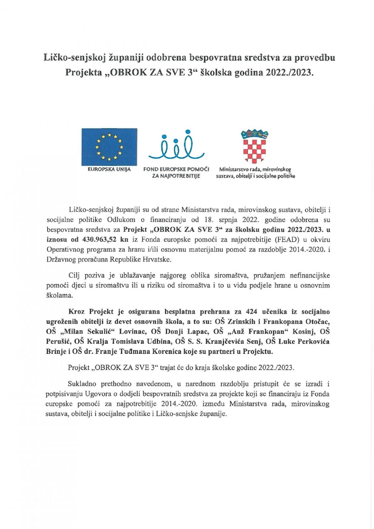 Ličko-senjskoj županiji odobrena bespovratna sredstva za provedbu Projekta “OBROK ZA SVE 3” školska godina 2022./2023.